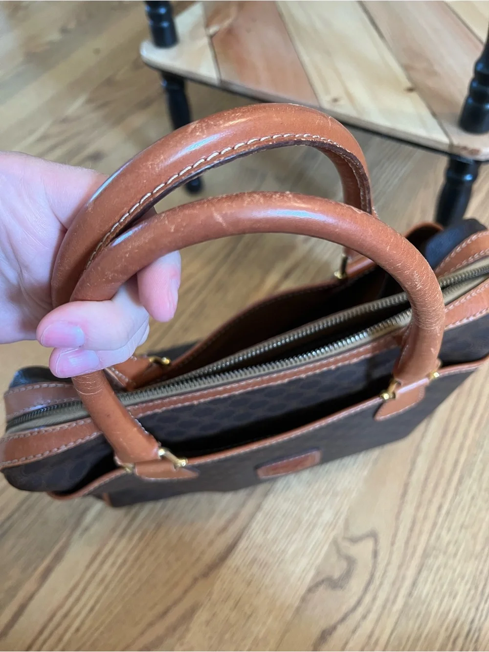 Celine Brown Monogram Bowling Bag with Tan Leather Trim